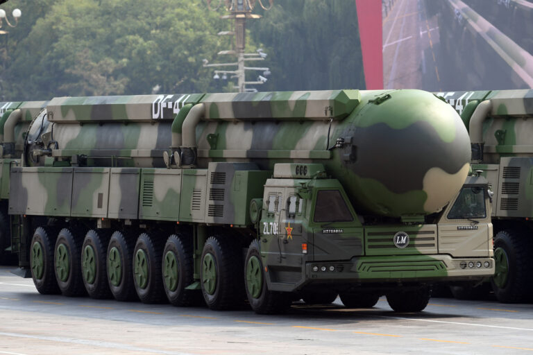 A Dongfeng-41 intercontinental strategic nuclear missiles group formation marches to celebrate the 70th anniversary of the founding of the People's Republic of China in Beijing, 1 October 2019. (Photo by Weng Qiyu / Imaginechina / Imaginechina via AFP)